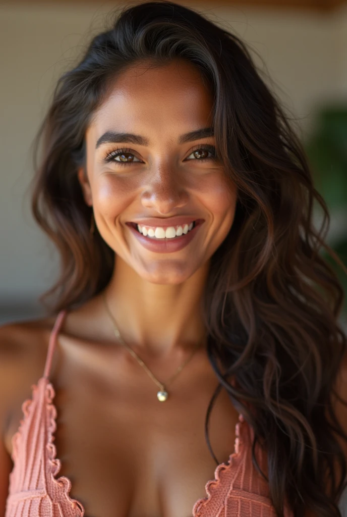 There is a young, Beautiful indian woman, who looks to the future like Katrina Kaif, Smiles into the camera, beautiful teeth, She looks into the camera, a portrait from raw photo, body, conservative modern europen color dress, ((hair Side-Swept Bangs), 
