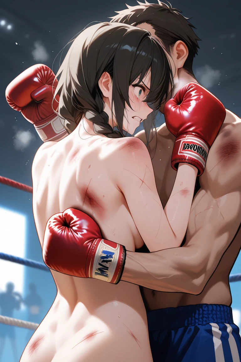 a female and a male are face to face snd fighting in the fighting ring. a bloody beautiful young Japanese female fighter is being beated terribly by a male fighter. a man is punching a female. She is cornered on the ring ropes by the male. Blood is dripping from her nose. She is covered in scars and bruises. she is damaged terribry. Short-cut black hair, out of breath, drooling from mouth, crying, exhausted, drenched in sweat. Erect nipples. open finger glove.