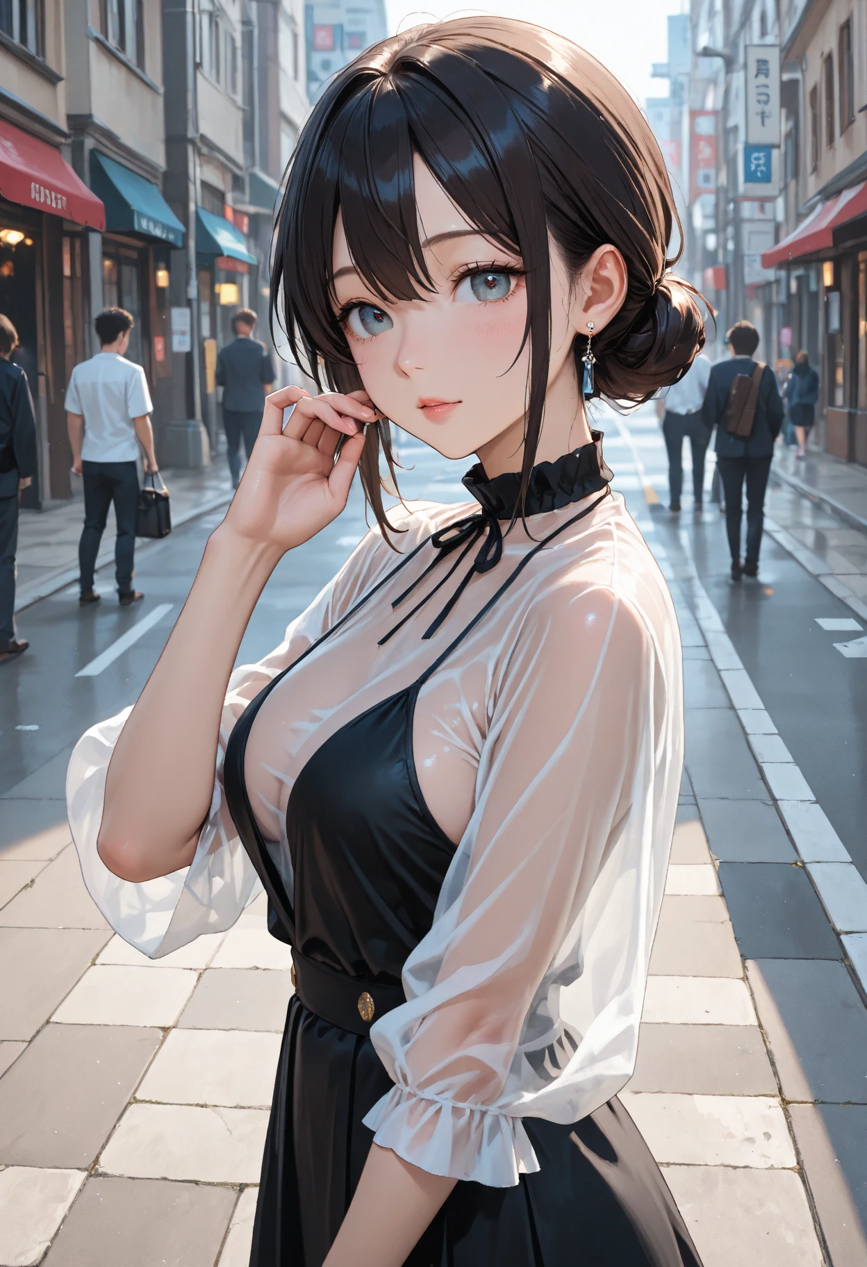 ((ultra-quality)), (A woman waiting at a traffic light in heavy rain), (white low rise micro pantie:1.2), (No slings:1.5), (hands are down:1.5), (arms are down:1.5), (in 8K), (arms behind back:1.5), (Angle from side:1.6), (side breast), (side back view:1.5), (profile), ultra high-res, Hyper Detailed, High contrast, Ultrafine Strike, creative refinement, absurdres, Realistic, extremely detailed CG unified 8k wallpaper, Highly detailed, High-definition raw color photos, professional photography, Realistic portrait, Cinematic Light, Beautiful detailed, 20 years old woman, (realistic skin:1.3), (shiny skin), (Best Quality:1.4), Super Detail, High quality, master piece, lifelike, Perfect face, Silly, (side hip), (closed mouth:1.3), (Sharp Focus), (upper body), (close up), Delicate Beautiful Hair and Eye and Face, Delicate eye, radiant eye, Lifelike, Hyper-detailing, (firm chest:1.6), (upturned chest:1.6), (large breast:1.6), (Beautiful breast:1.5), (breast is covered with shirt:1.1), (Sheer nipple), (smooth flanks), (arms behind back), Beautiful cute woman, camel-toe details, SFW, slim body, pale black eyes, brunette short bob hair, ponytail, on a deserted street