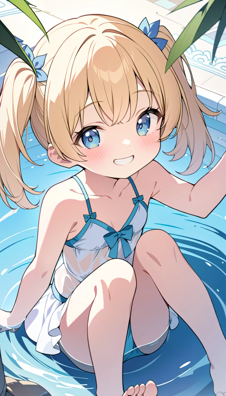 (Incredibly ridiculous absolute resolution:1.5)、hiquality、top-quality、masuter piece、Anime girl in orange bikini, 魅惑的、Anime Loli, 8k Manga Wallpapers, Smile、Shy laughter、((small curvy loli))、pretty anime girl,((swimming pools))、(Medium Shorthair)、(short braided hair)