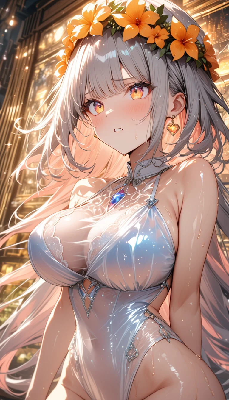 (High quality, High resolution, Fine details), (glass spheres:1.2), surreal, whimsical, dreamlike, floating, glowing, ethereal, transparent, majestic, mystical, magical realism, Shining dress, solo, curvy adult women, white hair, sparkling eyes, (Detailed eyes:1.2), smile, blush, Sweat, Oily skin, Soft tones, cinematic lighting, dramatic shadows, shallow depth of field