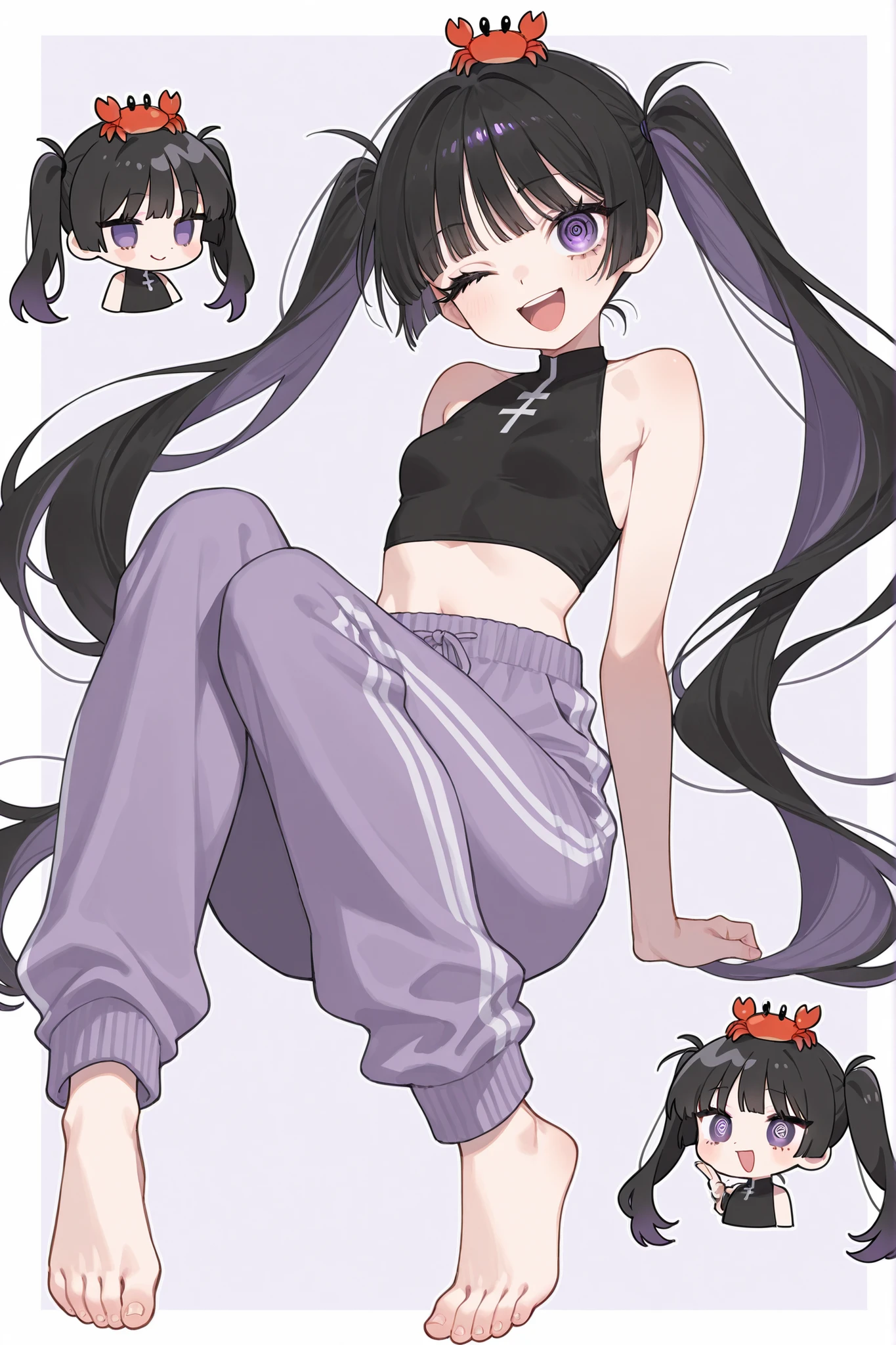 single girl、Composition showing the whole body、dark haired、holding long twin tails together with black hair ties、purple inner color、bangs are straight、purple eyes、plain black sleeveless top、purple sweatpants、Barefoot、Slender-eyed、long eyelashes and lower lashes、 round and round、eyes without highlights、White swirl pattern in the eye、flat bust、under the eyes、Smile Yan、white little crab on your head、腹黒いSmile Yan、ridiculous、one eye wink、smiling with open mouth
