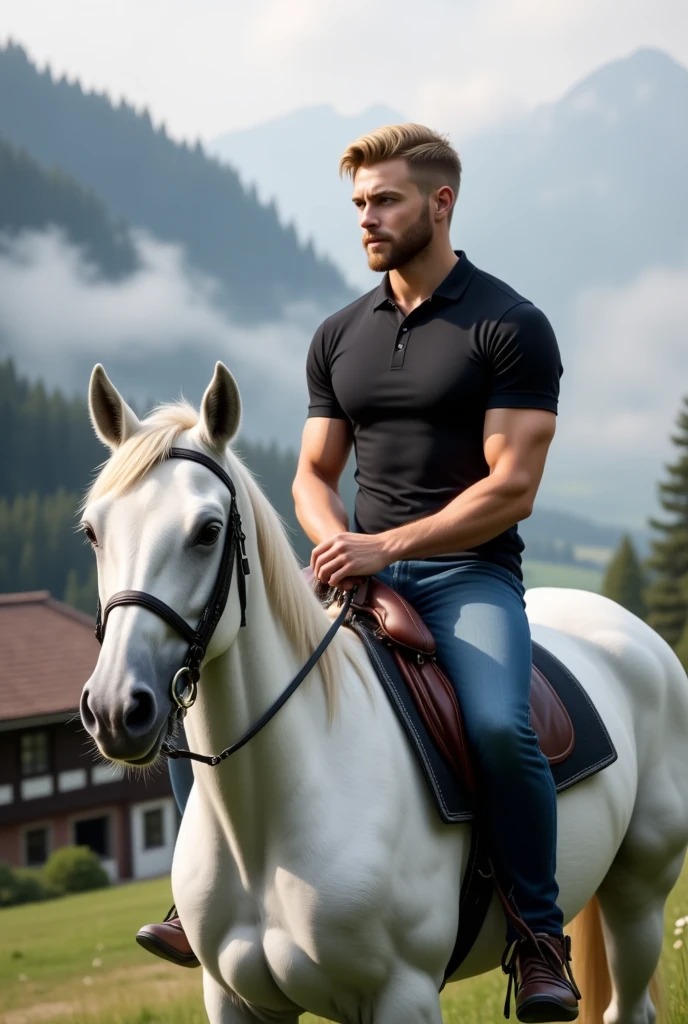 2 Young cute handsome white skinny beautiful face shirtless naked big ????? with a white horse at his side