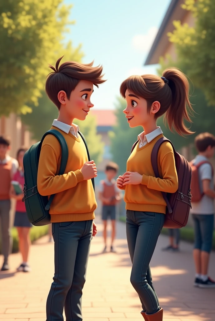 The pose shows two characters standing facing each other. The male character on the left, a blond, blue-eyed 13-year-old boy, is giving a thumbs-up gesture with his right hand, smiling confidently. The female character, a on the right, has her left arm wrapped around the male character's arm while her right hand rests on her chin, with a thoughtful expression. Both characters are rendered in 3D using Blender, and are designed in a Pixar style. The male character is wearing a dark blue sweatshirt, blue jeans, and black shoes, and the female character is dressed in a blue sweatshirt, a plaid skirt, white tights, and black shoes. The background is a district school in Bogota, and the rendering is high definition, highly detailed, and high quality.