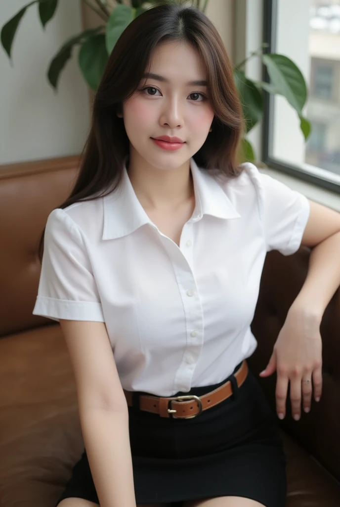 Highest quality, (beautiful)、White Business Shirt、Black tight skirt、Close-up、Soft 、smile、Chair sit