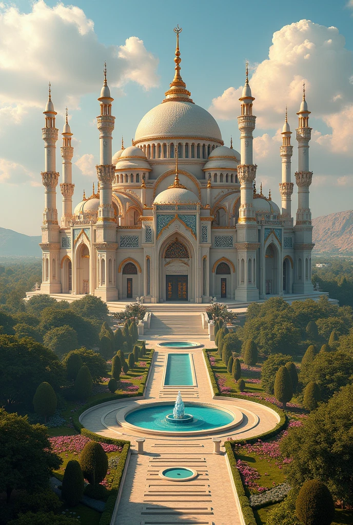 Mosque on top hill, serene, realistic, wide view, 8k