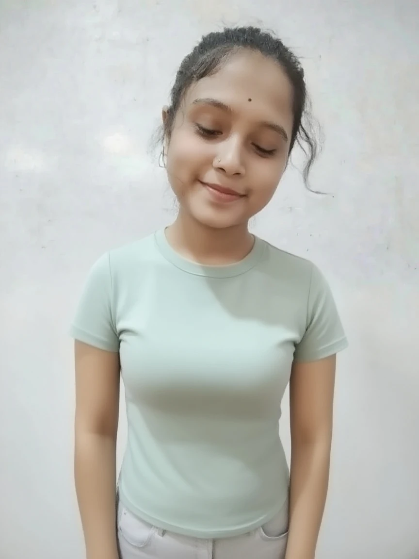 ((masterpiece, best quality, detailed, stable difusion, looking at viewer, photorealistic, 4k resolution, full body portrait)) an 18 year old latina, wearing just pijama ((t-shirt)), ((panties off)), no pants, small adorable face,square face, black hair, black eyes, slim body, ((flat breast, small tits)), standing in frontal pose,straight posture , very cute, medium hips, nsfw, frontal view.