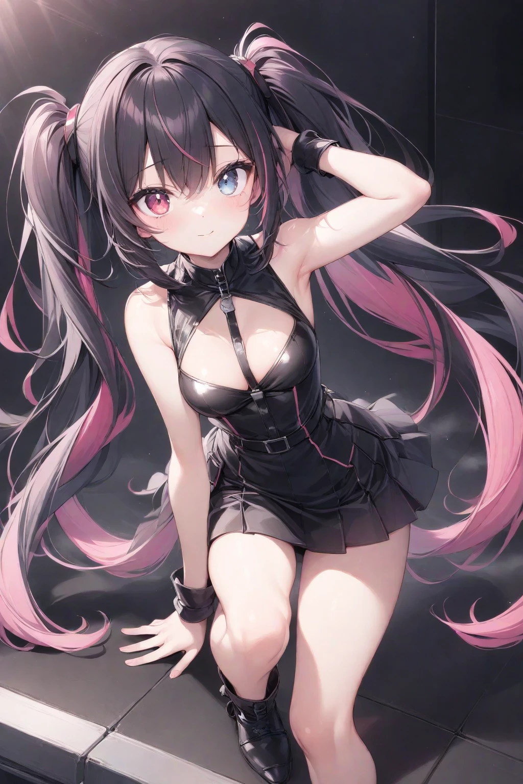 masterpiece, best quality, nsfw, (alley, wall, dark background), (from below), (gothic lolita, pink shirt), (standing, skirt lift), black hair, twintail, (heterochromia), lips, eyeliner, (evil smile), open mouth, half closed eyes, (vagina), (pussy juice),Bare chest
