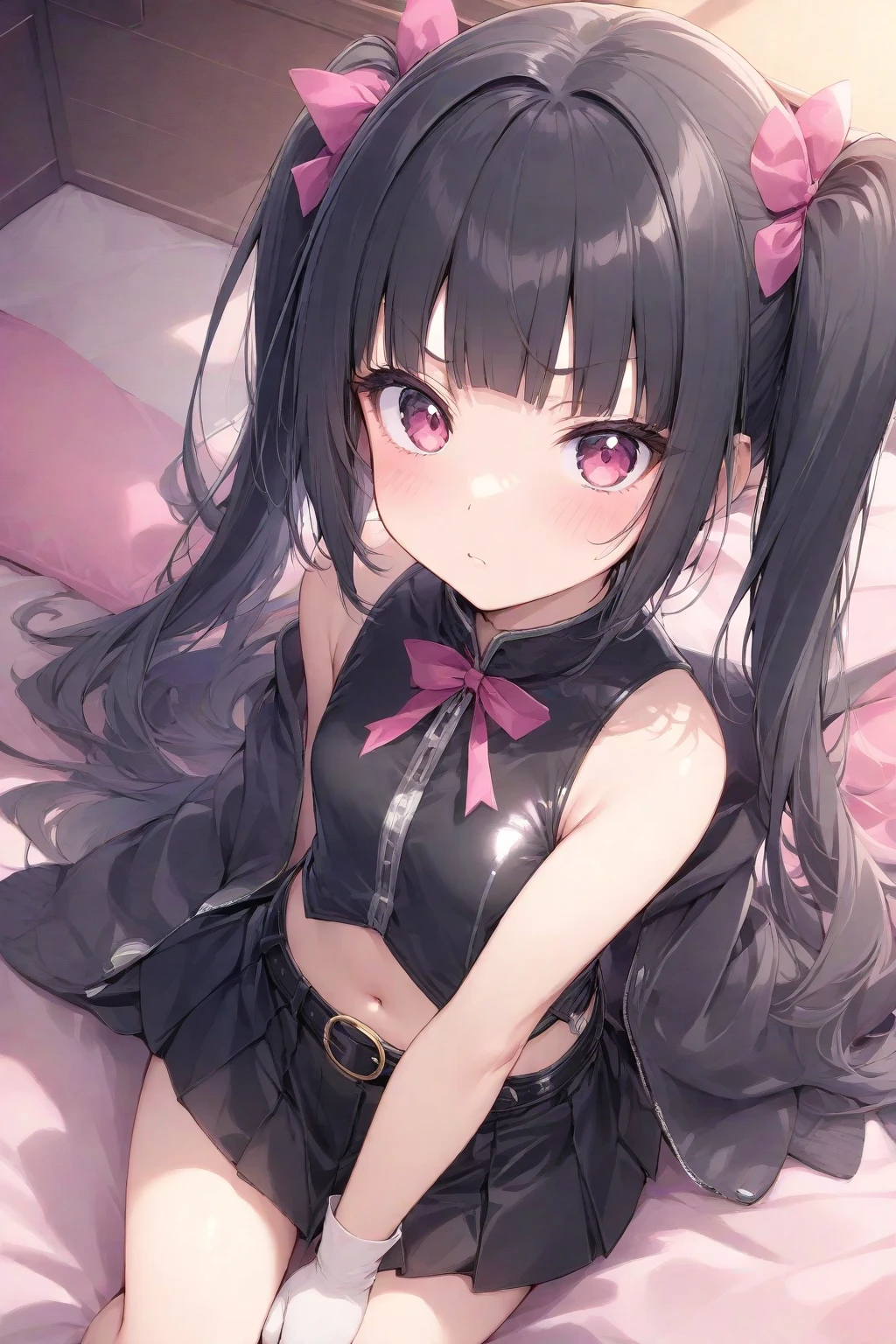 Kneeling,Straight Stand,Hands behind back,Both hands tied,open mouth,tongue out,cum on tongue,1girl,((((12-year-old girl)))),Short,slender,small breasts ,front face,from front,front view,looking at viewer, looking ahead,(from above:2.0),cowboy shot,Black Hair,Twin tails,Gray Eyes,Drooping eyes,slit pupils,narrow eyes.Mischievous smile,Sheer black and pink negligee,Sexy Lingerie,Collar with leash,Dimly lit room,Gray wall,On the bed,Dim lighting,Beautiful and detailed anime art