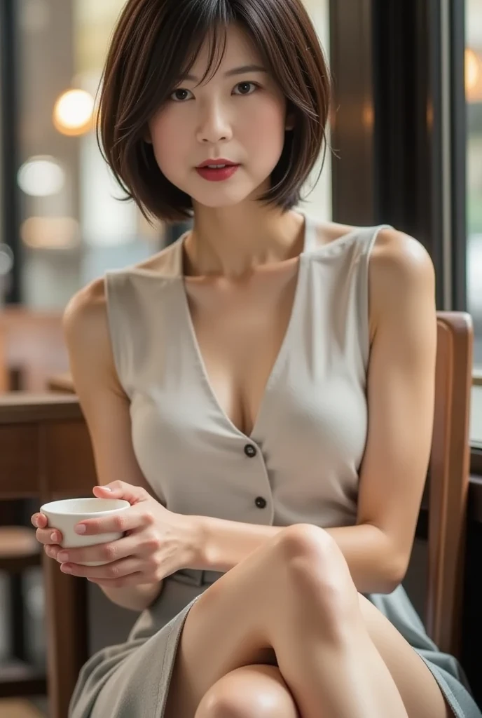 ((Highest quality, 8k, masterpiece :1.3)), (Sharp focus :1.2, Beautiful woman with perfect figure :1.4, Slim Abs :1.2), ((Big Breasts, Emphasize cleavage:1.3)), (Photorealistic:1.4), (realistic:1.4), (Short Bob Hair, Light brown hair:1.5), (cheerful Smile:1.5), Highly detailed face and skin texture, Fine grain, double eyelid. Makeup face, A little bit of lipstick, necklace, Earrings, sex appeal, Sexy gravure pose, ((Sexy erotic beauty sitting in a cafe in a white tight dress。Illuminated by the light coming in from the window。:1.3)