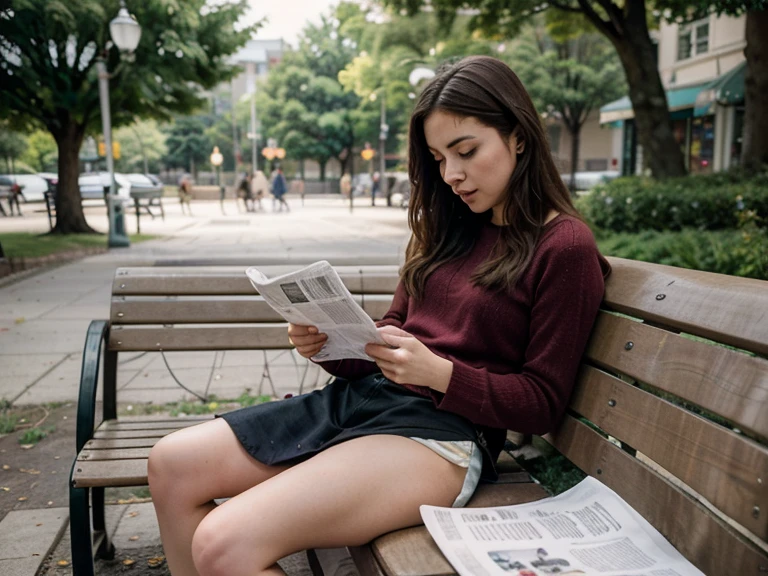 barefoot nude woman sitting on a bench, reading a full size copy of the newspaper