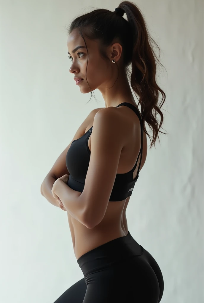 (Photoréalisme:1.2), belle femme, tenu de sport sexy, de profil, de longs cheveux bouclés, à l'intérieur, éclairage doux, salle de sport en arrière-plan, pose sportif, réaliste, détails complexes, couleurs naturelle, par Greg Rutkowski, par Alphonse Mucha