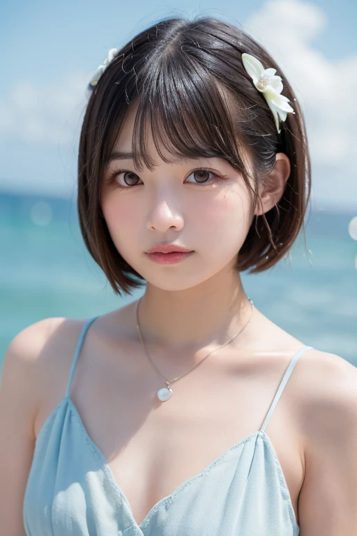 score_9,score_8_superior,score_7_superior,8K, High resolution, 5 years old、beautiful girl, bright black hair, Thin Hair, Small face, cute、Highest quality,Japanese face、small mole on the corner of the eye,((Puffy eyes))、(superior目づかい)、Short Bob、Look at the opponent、Beach、口角superiorがる、Beautiful legs、Flower Hair Ornaments、sexy、Sensual、Blushing
