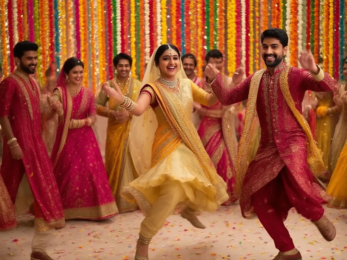 A group of Indian friends laughing and dancing in a beautifully decorated Indian styled living room, filled with joy and happiness. Clear and detailed face and body