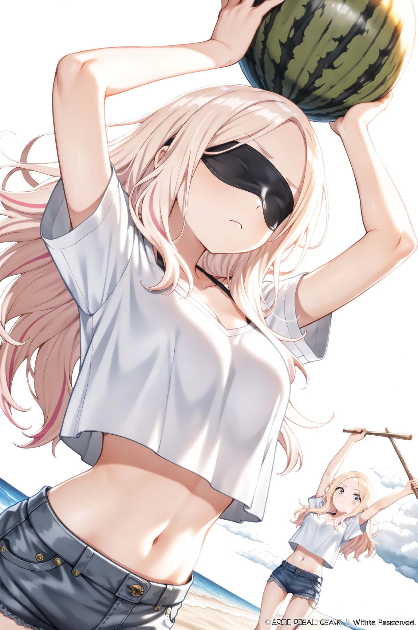 1 girl, detailed blue eyes, lange wimpern, detailed beautiful face, (very Long blonde hair:1.4), festgebunden, (blushing:1.3), (Big boobs:1.1), clv, Gag, gagged, bound knees and ankles, shibari over clothes, (black skirt, White crop top:1.4), standing on a beach at the water, nah aufnahmen, stocks, Hands together, collar with chain, getting pulled forward
