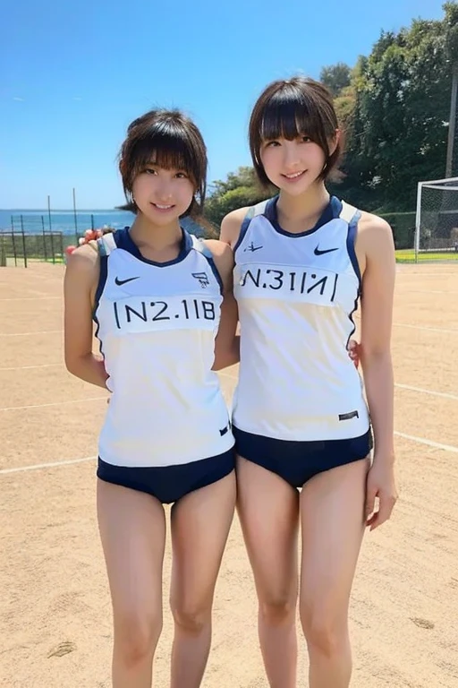 Two girls standing on a beach volleyball court,Two-piece school swimsuit with white trim,Thong,18-year-old,bangs,Laugh a little,Thighs,Total,knees,Shortcuts,short hair,From below、round swaying butt、cute、Track and field uniforms