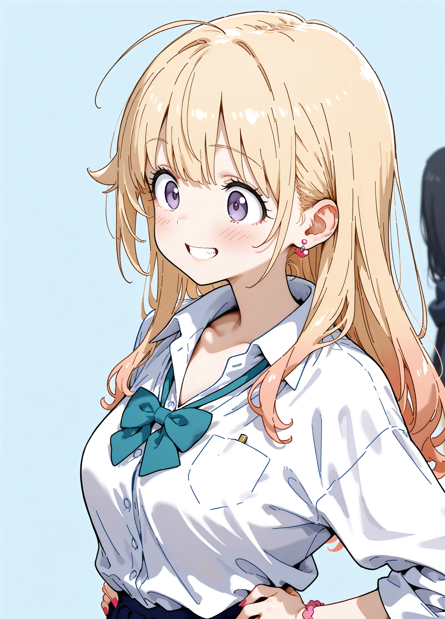 1girl,kitagawa marin,smile,(blonde hair:1.2),solo,shirt,choker,necktie,long hair,red eyes,jewelry,looking at viewer,,grin,(white shirt:1.2),earrings,black choker,bag,ear piercing,blush,piercing,bangs,blurry background,collared shirt,school bag,blurry,upper body,multicolored hair,nail polish,sparkle,long fingernails,fingernails,v,pink nails,selfie,gyaru,fake nails,small_breasts,sleeves rolled up,barbell piercing,black necktie,gradient hair,teeth,lace choker,collarbone,pocket,blue necktie,reaching towards viewer,long sleeves,(Five fingers:1.5),(fingers of detail:1.5),victory,(8K quality), (best quality), (realistic:1.1),realistic skin texture, cute, 1girl, solo, sea, floating, blue sky and white clouds, beach, wet, sweating, standing, dynamic pose, random pose, (High-cut leotard:1.2), looking at viewer, model , tall , gigantic breasts , cute , light brown hair , absurdly long , side ponytail , wavy hair , open mouth , gentle smile , full body shot