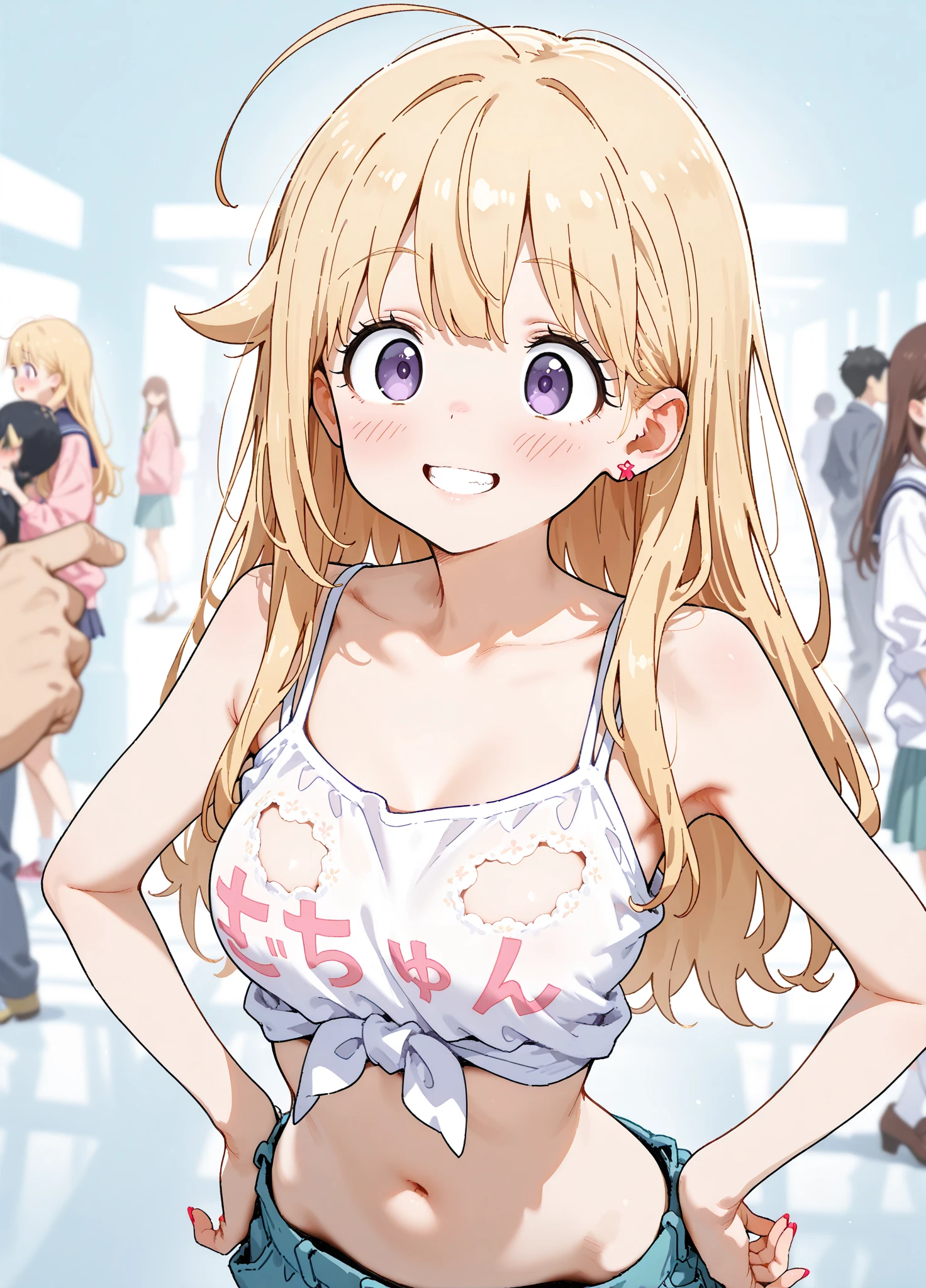 German nudist girl running、Lots of close elementary school boys pushing each other with their eyes wide open、surround each other&#39;wide eyes、Laughter and joy、longshot、Group Selfies、from side
