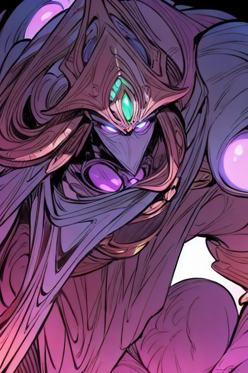 Dark fantatsy,black metal body,1 male,humanoid roobt,strange head,spike,claws,machine god,robot joints,neon trims,black armor,black gold scheme,( purple gold scheme),intricate,void,eyeless robot,no eyes,skinny,full armor,look at viewer,mechanical,armor skirt,black cloak