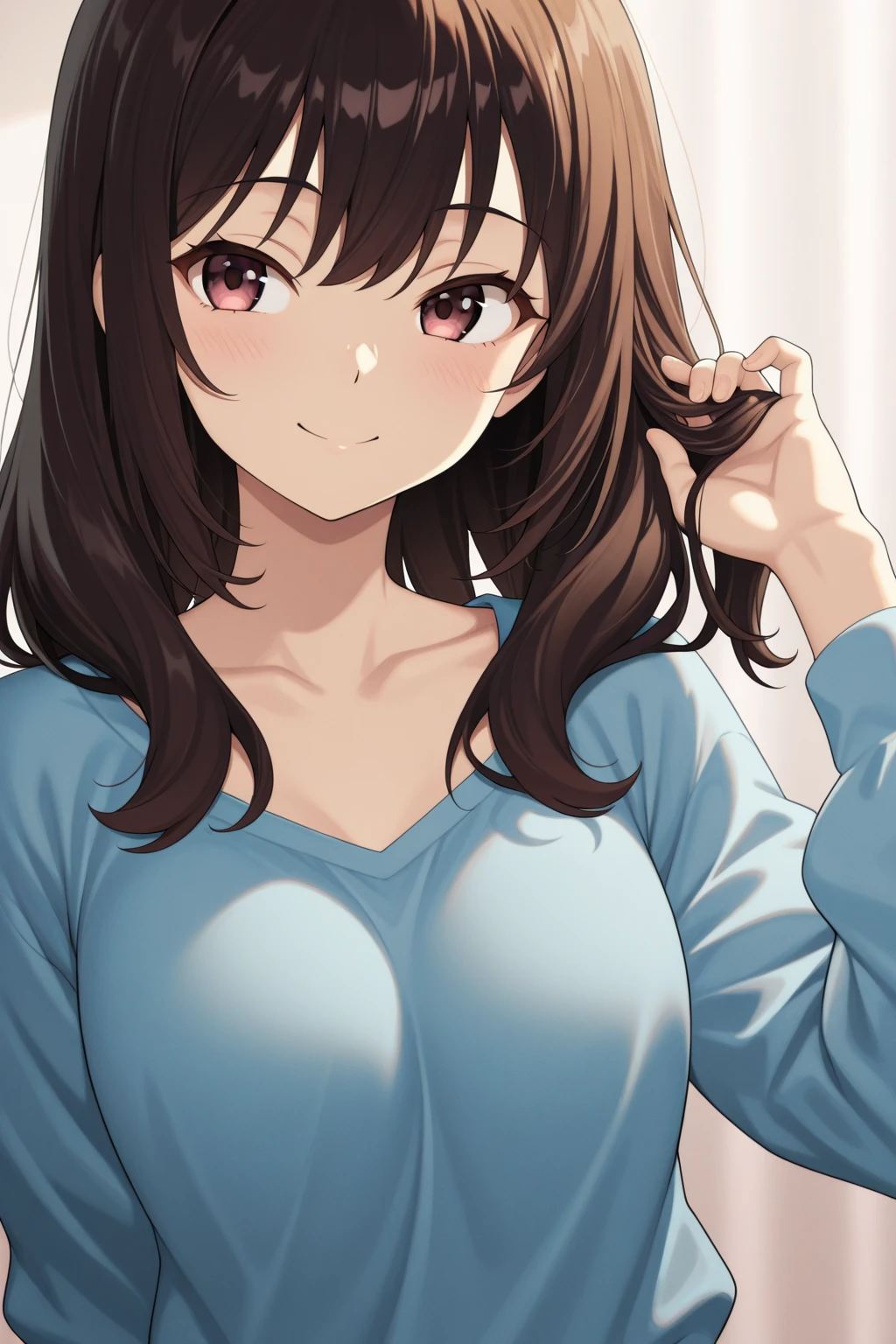 (masterpiece, best quality) detailed, 1Character, closeup, blue archive art style, pastel washed out colors, cell shade, soft, muted shades, gentle colors, Fashion ad, urban environment, big city, bohemian style clothing, often splattered with paint, cute girl, short height, 5'2", brown hair, very long hair, curly hair, hazel eyes that sparkle with creativity, tanned skin, skinny, delicate, feminine, age 16, high schooler, painter, slight smile