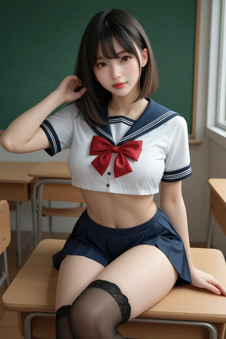 (masutepiece, Best Quality:1.2), 8K, Official art, Raw photo, unbelievable Ridiculous, (Upper body, (tight Sailor Uniform crop top swimsuit), serafuku, sitting:1.4), Beautiful Girl, Idol face, arching back down, large full breasts, thighs thighs thighs thighs, Stockings、 close up, (School uniform), Short sleeve, gardenia, violaceaess, classroom school, Looking at Viewer, No makeup, Film grain, chromatic abberation, Sharp Focus, face lights, Dynamic lighting, Cinematic lighting, Detailed face, Bokeh background, (Dark red bow tie:1.3)