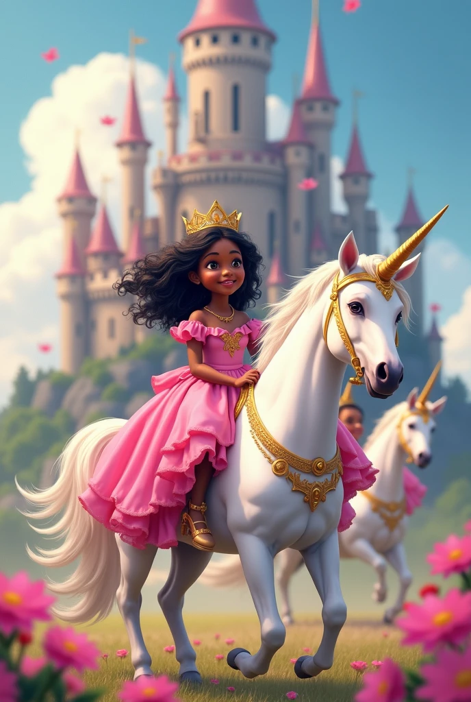 An image of a brown baby with brunette curly hair riding a unicorn with a castle in the background