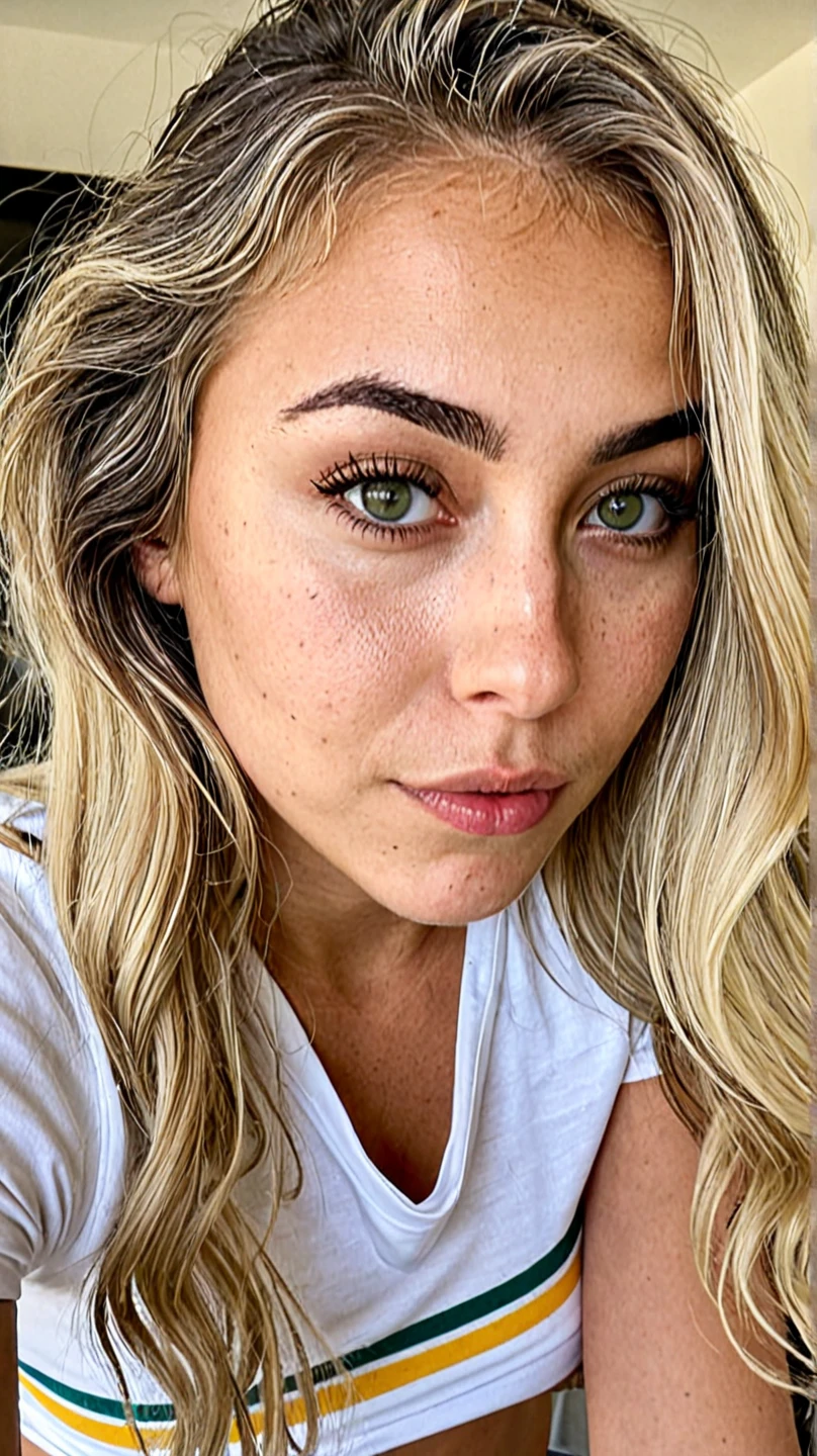 RAW, real photo portrait, amandaGar1, on a boat, (wearing a wet black t-shirt), pretty face, insanely detailed eyes, light blonde hair, high ponytail, bokeh, natural light, depth of field, golden hour, sharp focus