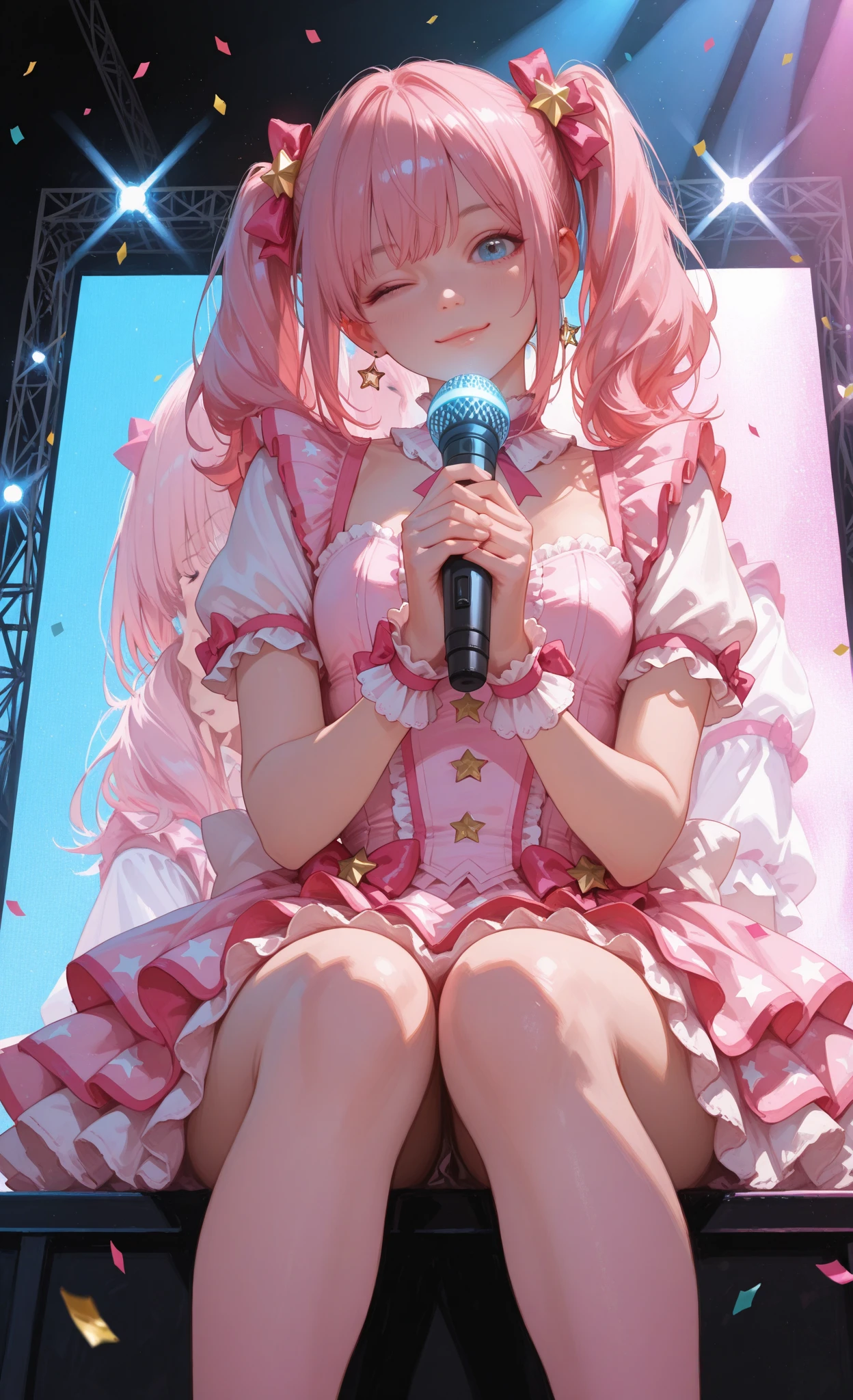 masterpiece、Soft Focus , Bright gradient watercolor、Tabletop, High resolution, 8k, Anime Women, Delicate and detailed writing 、Detailed digital illustration、high resolution, high quality、Detailed Background、Close-up photo、
long hair、Shiny Hair、Bright pink hair、bangs、Very beautiful woman、Idol、Double Eyes、(flat chest:1.5)、
(((Two arms、Four fingers, One thumb)))、Detailed female face、(Holding a microphone:1.3)、Singing on a microphone、pink ribbon、pink rose hair accessory、pink and white outfit、(Idol Costumeini)、 short skirt、(see-through nipples:1.1), (see-through pussy:1.1),(pubic golden hair:1.3)
