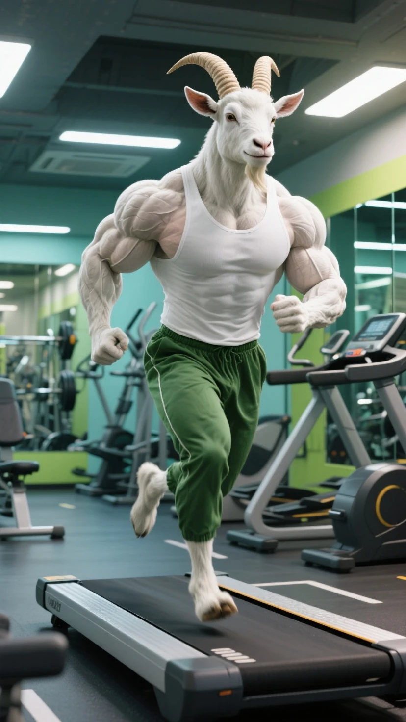 full view, full body, one Sexy young artificially tanned white bald over-musuclar man, shirtless wearing neon-green compression leggings and white futuristic running socks, shoes off, no shoes, gold chains, bracelets, rings, arrogantly running in his white futuristic socks on treadmill in gym, showing off his white socks