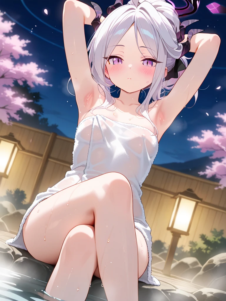 noelle_\(genshin_impact\), hiten kei style, detailed background, masterpiece, hyper realistic, realistic skin, best quality, 1girl, town, village, monstadt, world tree, medium breasts, huge nipples, erect nipples, looking at another, topless, full body, vector illustration, nipples, light smile, blunt bangs, short hair, stomach, navel, bare shoulders, white hair, laundry, clothesling, black skirt, white waist apron, wet, soaked, raining, blue sky, rinsing clothes, doing laundry, stretching, open mouth, falling leaves, resting, maid, wet body, windy, large windmill