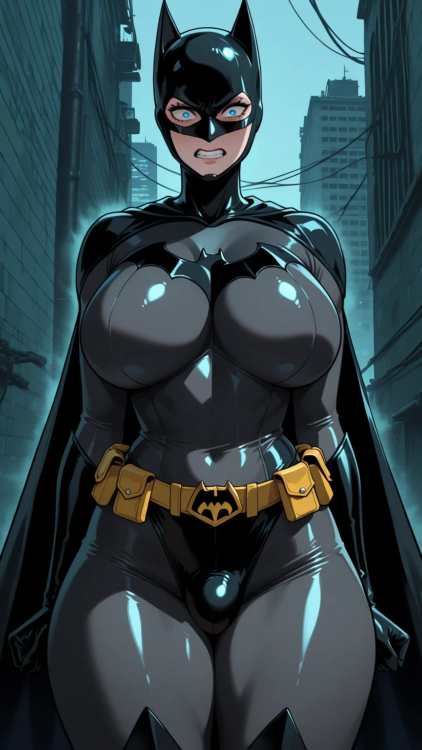 Batman transformed into a docile sexy female bimbo with huge breasts and thick lips