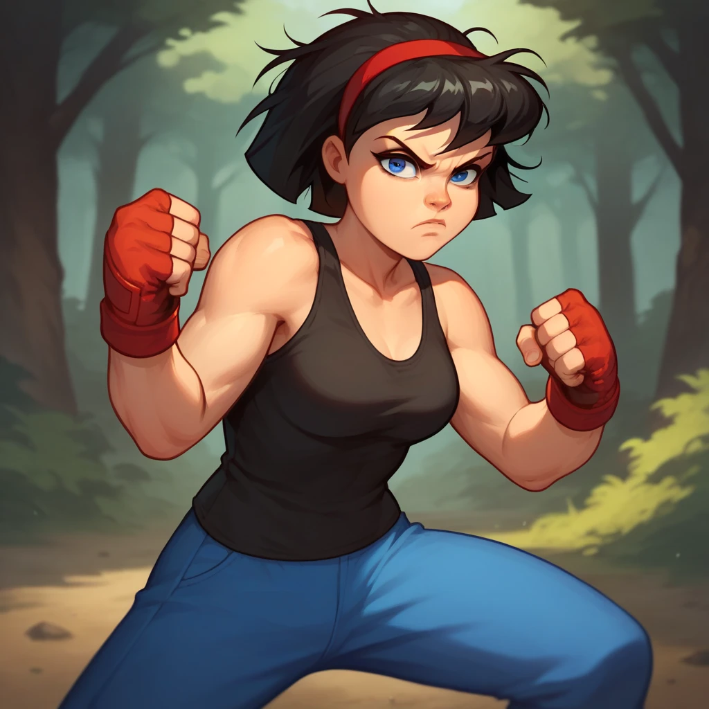 akira, short brown hair, brown eyes, camo tank top, belt, leather pants, red gloves, looking at viewer, serious, angry, fighting pose, uppercut, fist, outside, cityscape, high quality, masterpiece <lora:akira-11SFV3dv8:.8>