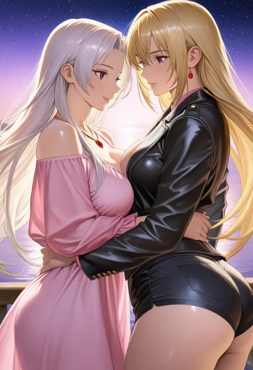 ultra-detailed、highest quality、Highest image quality、master piece、8K、(Shoulder-length blonde hair、medium long hair)、(smile)、((SFW huge body))、(((Rear view)))、cowboy shot、wearing a thong、Two women stand side by side with their butts facing you、Two people holding hands