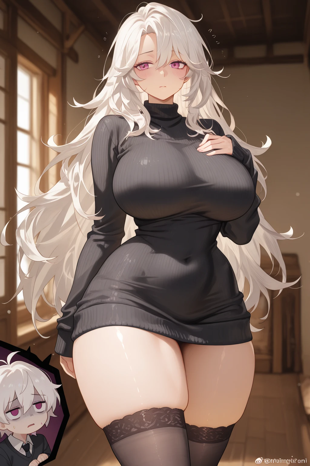 (Full body:1.2),(arms behind head:1.5),Cinematic lighting,view the viewer,(Shiny skin:1.2),Shiny pantyhose,Beautiful face, Highly detailed,offcial art, Extremely detailed CG unity 8k wallpaper,Best quality,((巨作)),(Detailed eyes1.2),absurderes, incredible absurdity, hugefilesize,Ultra-detailed, Extremely detailed, Beautiful detailed girl, Beautiful detailed eyes,1 Girl,(独奏:1.1),kawaii,only_bshoulders,(White shirt:1.5),(Ultra short pleated skirt:1.2),((tight garter_a belt)),(black legwear:1.2),hearts in eyes,Long hair,(White hair:1.2),Striped hair,Confusion_the hair,(Huge:1.2) breasts,the hair_bow,Collar,Thick coating,The Face of the Anime Goddess,Proud,Tight thighs,between breasts,breasts parted,(Stand:1.5),Devil figure,((Tilt the upper body forward )),( from a bottom-up perspective),Stand