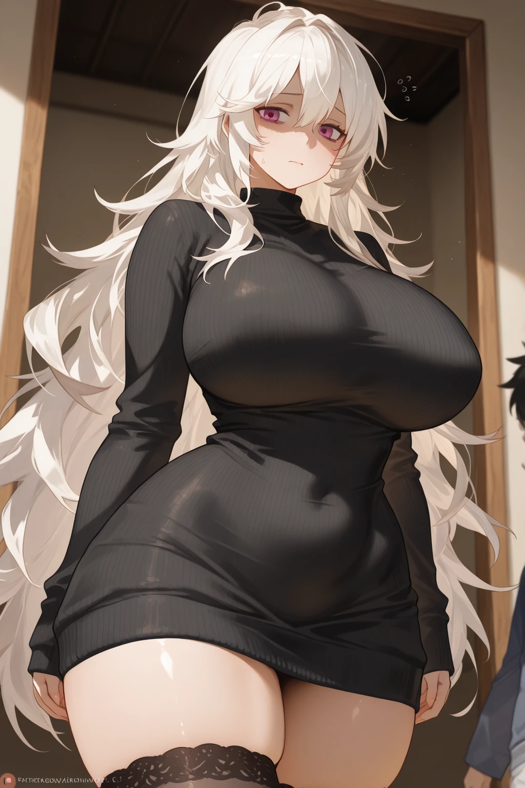 (Artwork: 1.2), (best quality, Official Artwork, Masterpiece, 8k, HD, Ultra-Detailed), 1 woman, red eyed woman, mature, tall (2.11), a beautiful 32 year old woman, dark skin, white hair, straight hair and bright, ((hair over one eye)), (big hair), ((eye red)), ultra realistic eye, super detailed eye, eye red, eyes well proportioned to your face, extremely detailed eye, perfect eye, extremely realistic eye, well-lined eye, long eyelashes, Anime style, perfect face, face that looks about 32 years old, full lips, smiling, mature, Dark skin, natural body, sexy body, MILF body, (ideal body proportion), perfect hands, detailed hands, fine hands proportioned to the body, realistic hands, arms with good anatomy, she was wearing only an immaculate black dress that still could not hide her huge and large breasts that drooped due to her size, thick thighs, wide hips, Looking at the viewer, configuration of background, setting in an forest with wooden houses in the background, ultra-detailed, posing alone Looking at the viewer