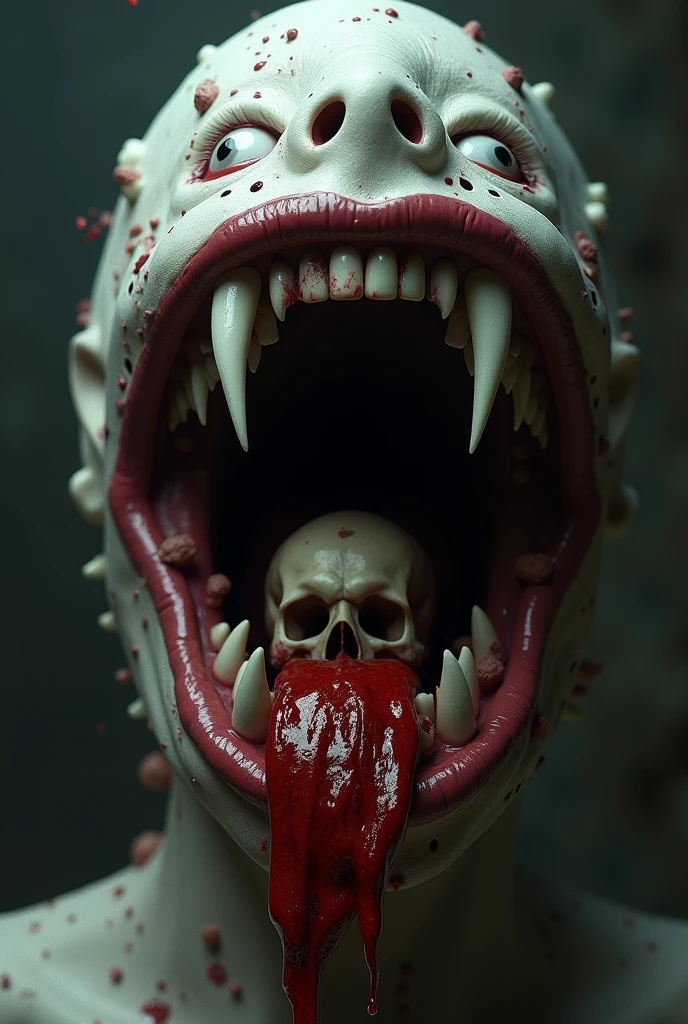 Alien eating the head of a human, background terror, death, blood, 8k quality
