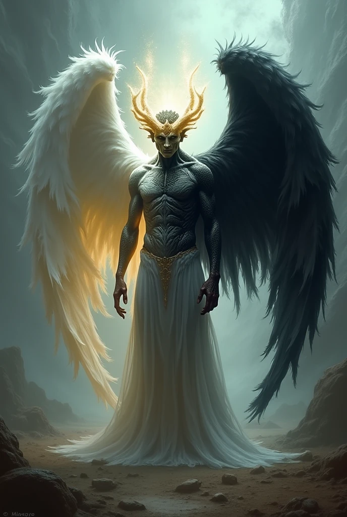 a male angel, with beams of light enveloping his body, his feathery wings are spread out, a golden (halo:1.2) over his head, muscular, beard, masculine, dark, horror, masterpiece, best quality, intricate detail, absurdres, DREAD, chromatic aberration, depth of field, soft lighting, tone mapped, highly detailed, concept art, smooth, sharp focus, dramatic lighting, highly detailed artwork, cinematic, 8K, incredible shadows, (highly detailed background:1.0)