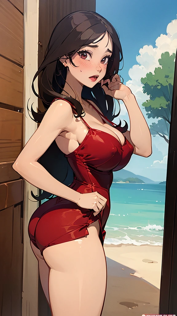 one Rebecca wearing red lingerie, standing in desert, large boobs, long brown hair, blue eyes, smiling seductively, [ 4 k digital art ]!!, seductive anime girl, deviantart artstation cgscosiety, trending on cgstation, 8k high quality detailed art, photorealistic anime girl render, kawaii hq render, commission for high res, thicc