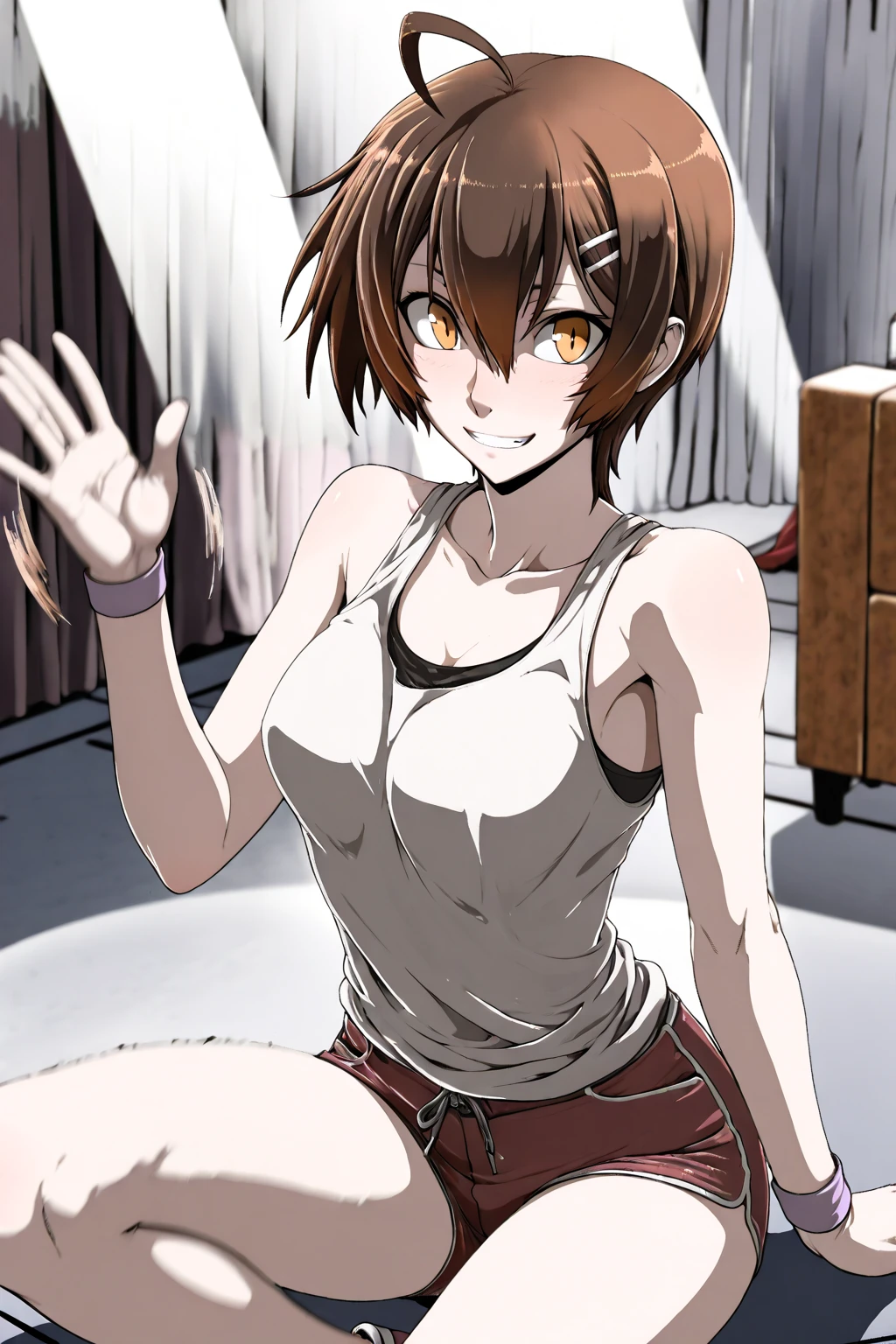 large head、Brown sleeveless、Ultra short skirt、High resolution, The best lighting, Extremely detailed illustrations, Realistic white panties, crotch seam, Cameltoe, window, day, on the beds, NSFW, pantyshot, Spread legs,,  No shorts, Dirty panties crotch、Gray plains mourn、meitantei conan