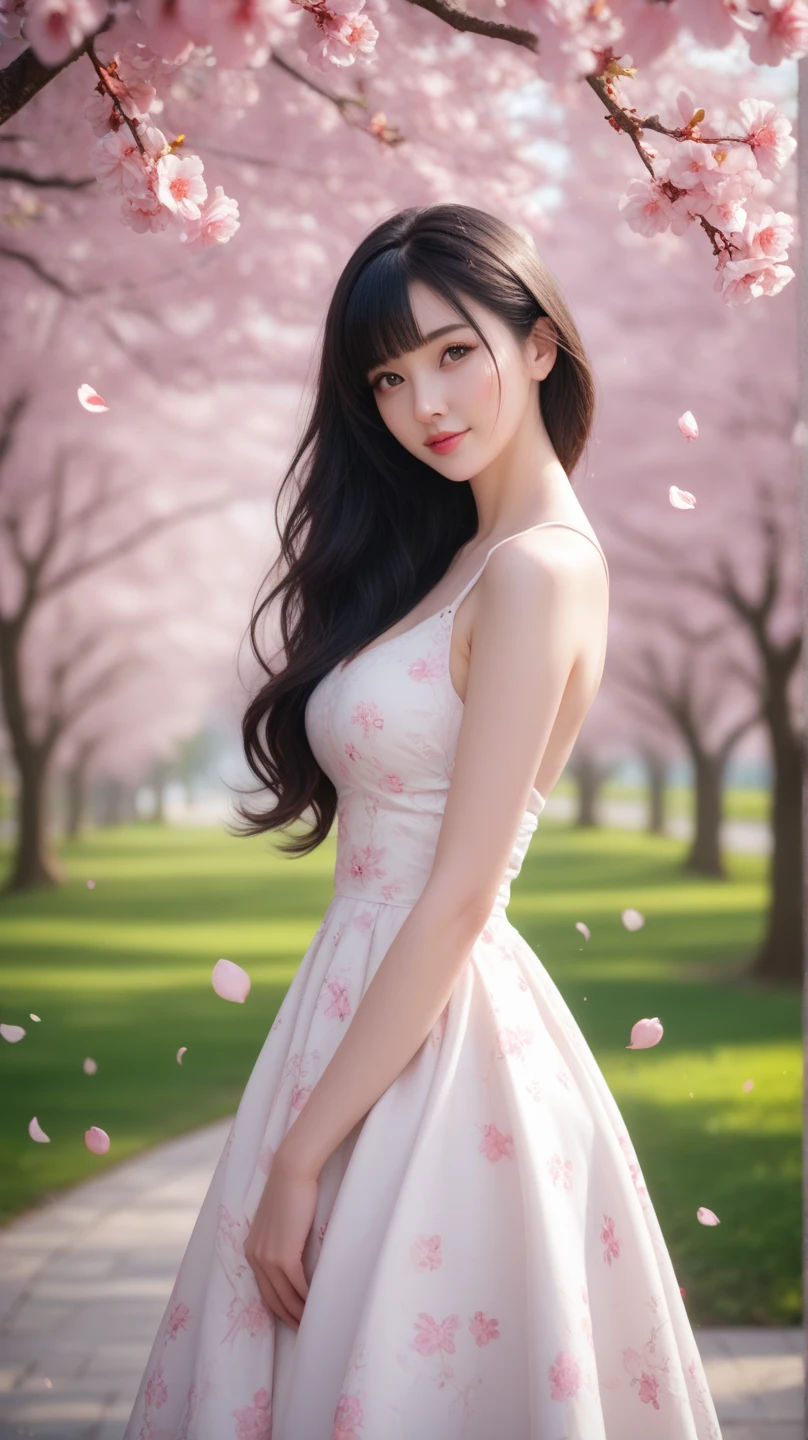 (A logo、masterpiece、8K、masutepiece、Raw photo、Fantastic、Best Quality、Photorealistic and ighly detailed CG integrated 8k wallpaper、hightquality、ighly detailed、epic poem、Particle effect、Dynamic effects、depth of fields、Cinematic Light、Lens Flare、Ray tracing)、Fantasia、 (Beauty 1 person、doress、Dress、Cherry blossom pattern、A dark-haired、Beautiful face、Real Face、beautiful details eyes beautiful skin)、my hair dances in the wind、Hair flutters in the wind、Hair jumps、Pink cherry blossom tree、Petals flutter、Sakura blizzard、Superb view、morning glow、Sun in the background、the wind、