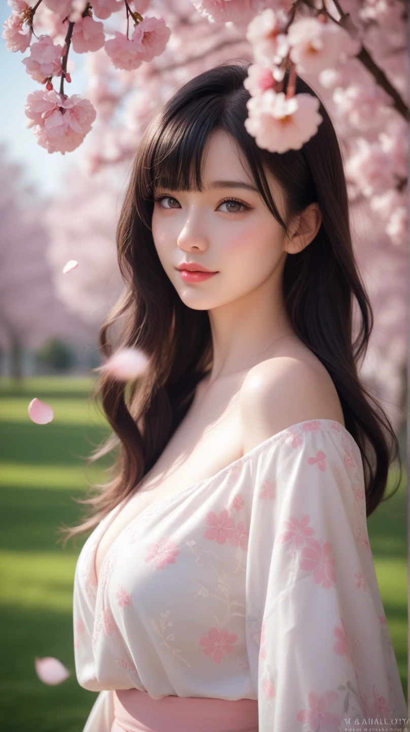 (A logo、masterpiece、8K、masutepiece、Raw photo、Fantastic、Best Quality、Photorealistic and ighly detailed CG integrated 8k wallpaper、hightquality、ighly detailed、epic poem、Particle effect、Dynamic effects、depth of fields、Cinematic Light、Lens Flare、Ray tracing)、Fantasia、 (Beauty 1 person、doress、Dress、Cherry blossom pattern、A dark-haired、Beautiful face、Real Face、beautiful details eyes beautiful skin)、my hair dances in the wind、Hair flutters in the wind、Hair jumps、Pink cherry blossom tree、Petals flutter、Sakura blizzard、Superb view、morning glow、Sun in the background、the wind、