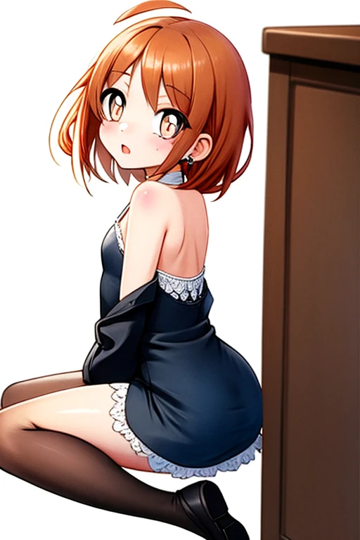 Masterpiece, best quality, Hoshizora rin, orange hair, yellow eyes, solo, from behind, cowboy shot strapless leotard, looking at viewer, standing ,ass , (exposed ass cheeks:1,3), moist and shiny skin , in her boyfriend room ,fake cat ears , crossed arms
