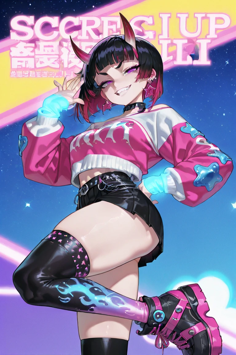 Rocker has fair skin with pink blushed cheeks and lipstick. Her eyes are powder blue. Her black hair fades to fuchsia and is shaved on one side, with the rest of it curled around the left. Her hair is coated in glitter. She wears a white T-shirt with red lining beneath a glittering denim vest and black glitter short-shorts. This is paired with red boots that have a black bow on them, along with white frilly socks. SPARKLE; GLITTER
