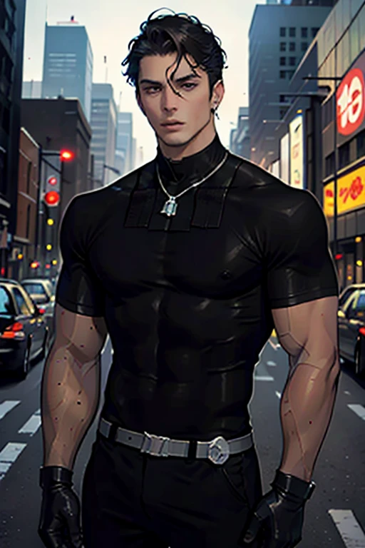 1 boy, single teenager, athletic body, somewhat stocky, messy burgundy neck-length hair, dark skin, tanned skin, green eyes, mole under right eye, somewhat athletic body, somewhat wide hips, black shirt, ripped jeans, leather black jacket, in a university, in a park