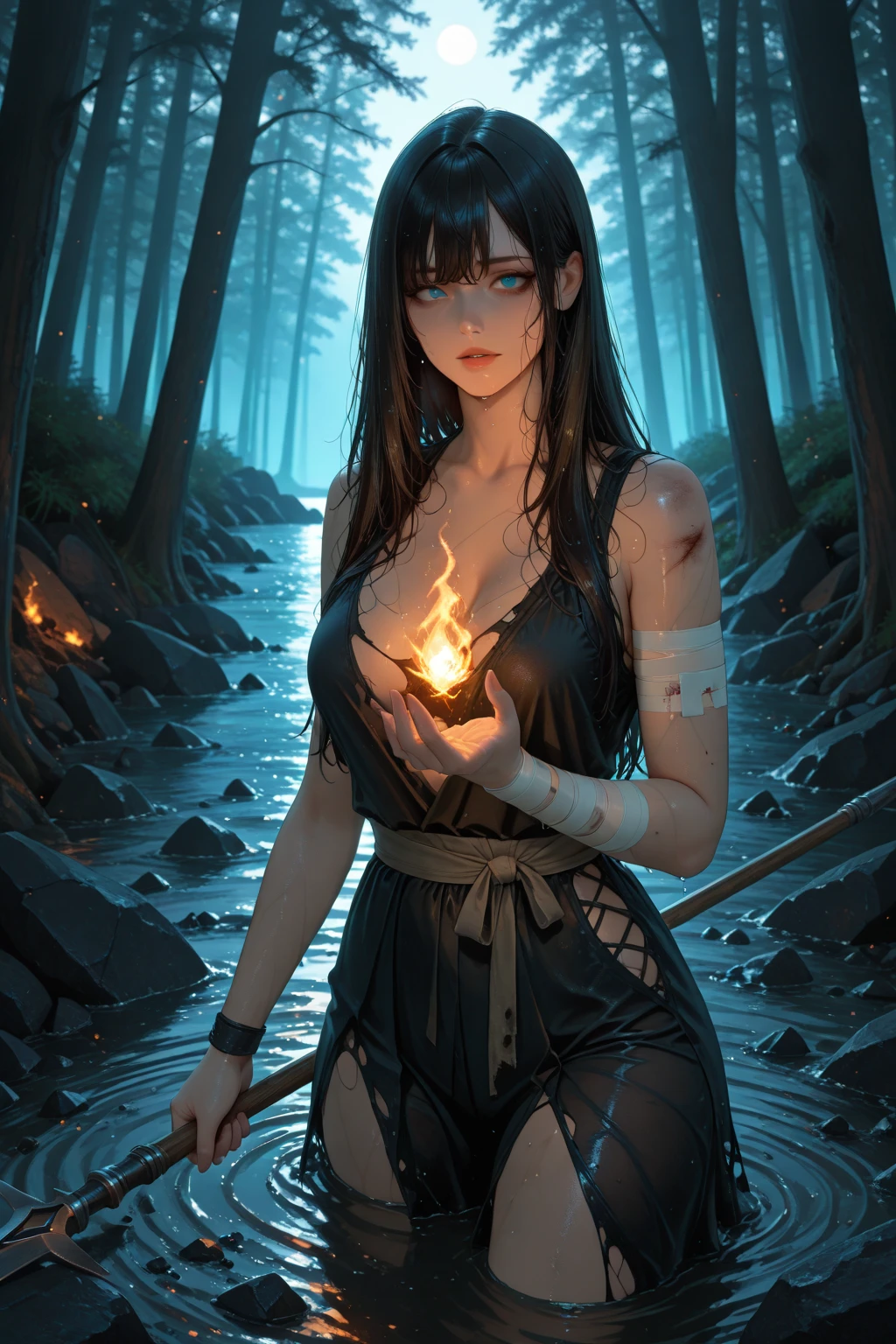 A couple is romancing across the camp on the mountain. The women are without clothes and have big Curvy hips. It is night and a fire is burning.