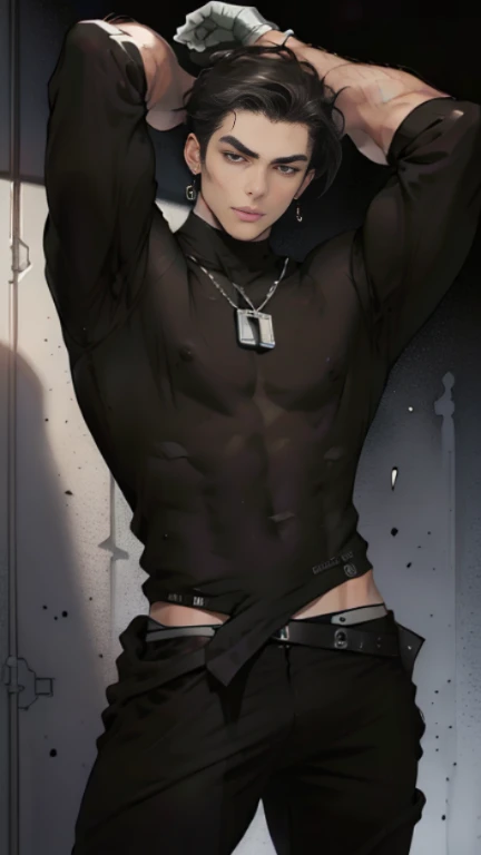 anime sexy man in a black silk robe, dangling earrings, necklace, black polish nails, curtains
