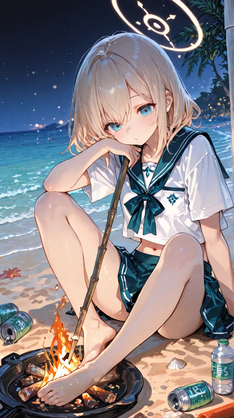 best quality, masterpiece, highres, solo, {night:1.10}, {starry sky:1.10}, beach, beautiful detailed sky, {extremely detailed background:1.20}, {scene_arknights:1.15}, {standing:1.10}, looking at viewer, {bikini:1.30}, bangs, ahoge, hair_ornament, short_hair, yellow_eyes, necktie, red_necktie, one_side_up, upper_body, closed_mouth, vest, brown_vest, blush, light smile
