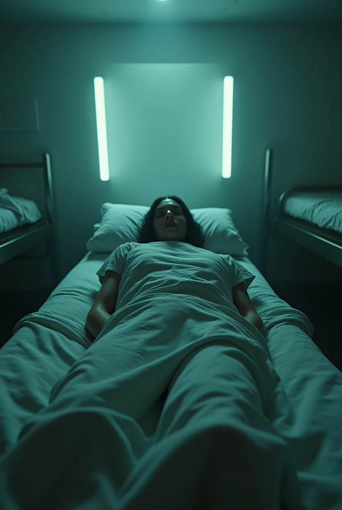 A beautiful girl sleeping in a futuristic room made of lightweight super metal alloy with high-resolution holographic graphics on the walls. The room is surrounded by bulletproof crystal tube glass that provides stunning views of the outside. The room is equipped with AC, bathroom, kitchen, TV room, mini bar, dining area, and a bed. The interior design of the room is minimalist and futuristic with modern and high-quality furniture. The lighting in the room uses adjustable LED lights to match the mood. On one of the walls, there is a red neon sign that says 'GFE'. The image should be super realistic, highly detailed, sharp, and a masterpiece.