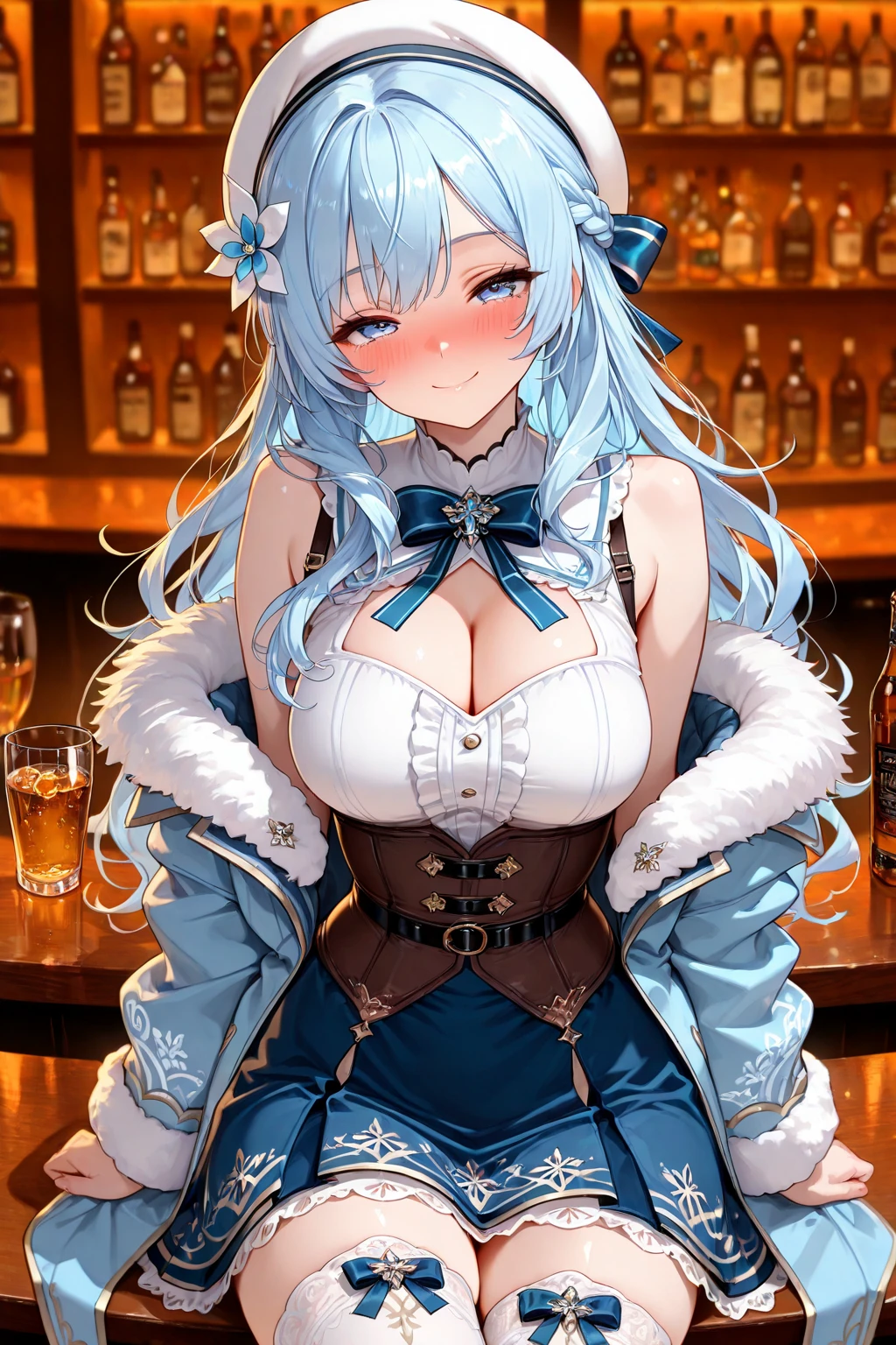 Fairy Tale Style，A woman with big ，Beautiful princess，Silver long hair，Exquisite，(Super short)，Cleavage，Slim waist，pubic，blush，(Drunk)，
