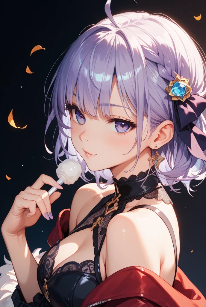 A pale purple and blue scoop of ice cream with a winking expression and no mouth. She has whip cream dripping from her head and two wafer ears, one of which is bitten. SPARKLE; GLITTER